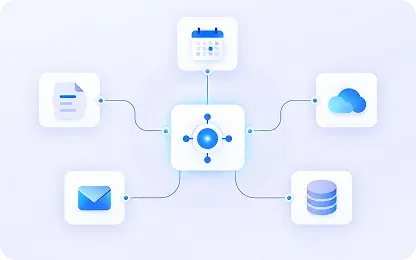 A workflow connecting documents, scheduling, cloud storage, email, and a database.