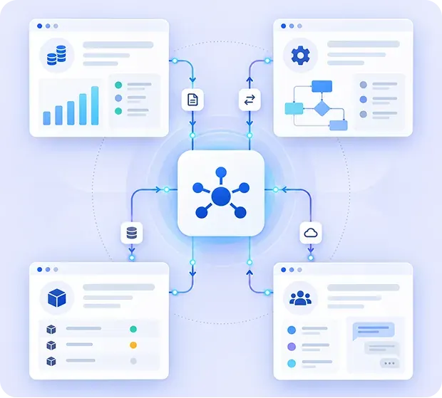 Analytics, workflows, contact lists, and reports linked through a shared business hub.
